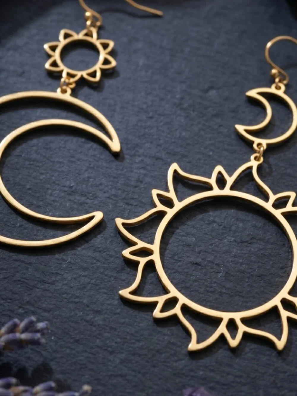 Sun Moon Mismatched Dangle Earrings Gold Celestial Cutout Boho Whimsigoth 3